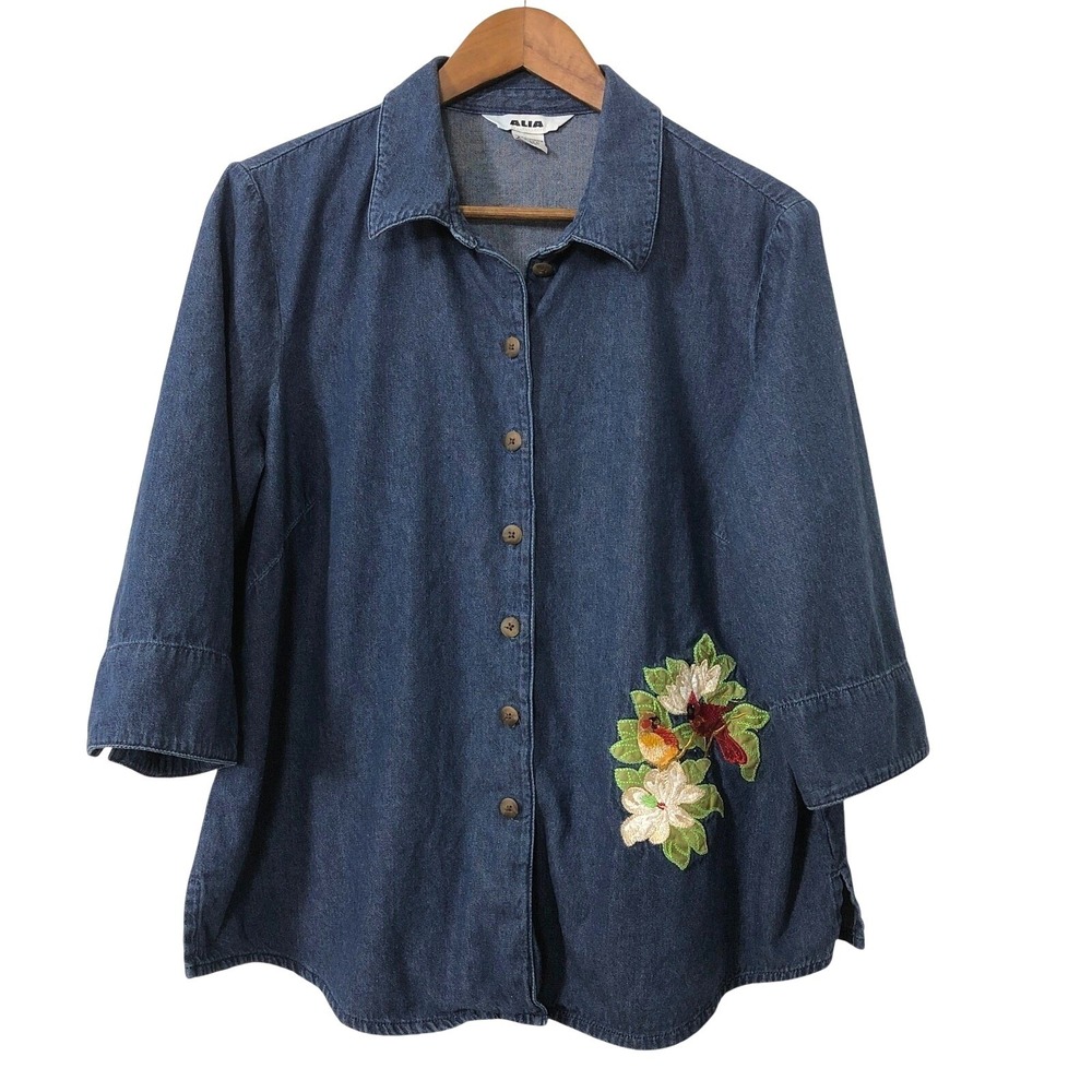 ALIA Denim Shirt Embroidered Cardinals Floral 16W 1X 100% Cotton‎ Cottagecore